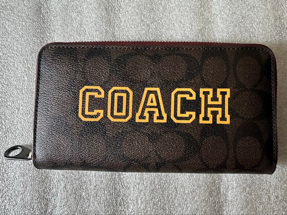 EUC Coach Signature Zip Around Wallet Brown Yellow Varsity Logo Mustard C4452